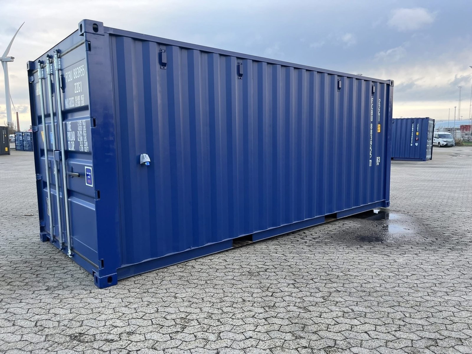 20 fods isoleret container blå marine vue 3/4 arrière